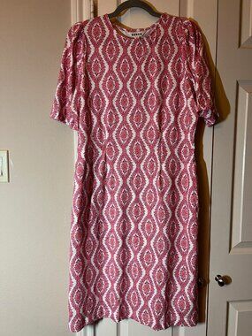 NWT Women's Boden Dress Pink White Print Midi Sheath Puff Sleeve - Size US 10L